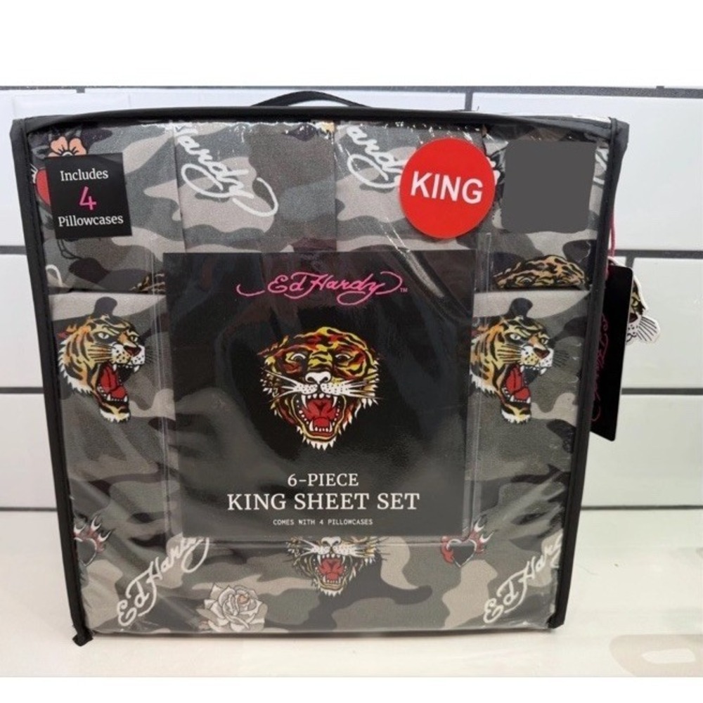 NEW 5-pc ED HARDY KING GREY TIGER Camo FLAT SHEET + 4 KING PILLOWCASES SET